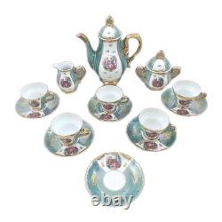 Ensemble de café vintage Limoges avec paysage, théière, sucrier, crémier, tasses à café en porcelaine