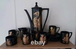 Ensemble de café vintage Portmeirion Phoenix noir et or design John Cuffley
