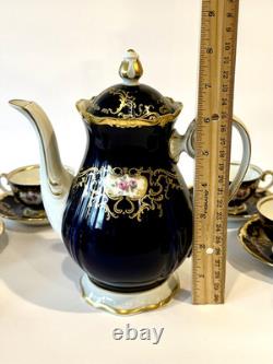 Ensemble de café vintage Reichenbach Echt Kobalt Marine/floral/or en 6 personnes GDR 15 pièces