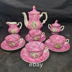 Ensemble de café vintage Scènes de Limoges Théière Sucre Crémier Tasses à café Porcelaine Rose