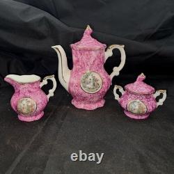 Ensemble de café vintage Scènes de Limoges Théière Sucre Crémier Tasses à café Porcelaine Rose