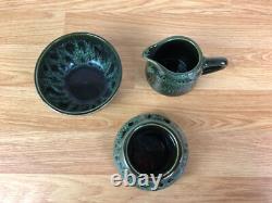 Ensemble de café vintage en céramique de studio 5 pièces avec glaçure verte à gouttes, milieu du siècle MCM