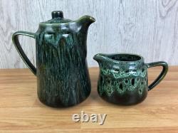Ensemble de café vintage en céramique de studio 5 pièces avec glaçure verte à gouttes, milieu du siècle MCM