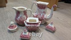 Ensemble de cafetière, sucrier et pichet en fer émaillé rose Masons Vista vintage