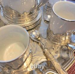 Ensemble de plateau à café en argent massif et porcelaine de 28 pièces des années 1950, Italie