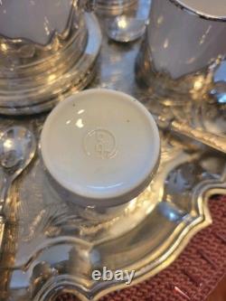 Ensemble de plateau à café en argent massif et porcelaine de 28 pièces des années 1950, Italie
