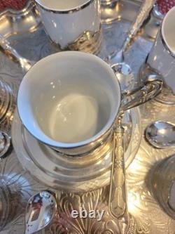 Ensemble de plateau à espresso pour 6 en porcelaine et argent vintage c1950
