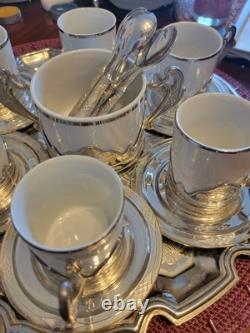Ensemble de plateau à espresso pour 6 en porcelaine et argent vintage c1950