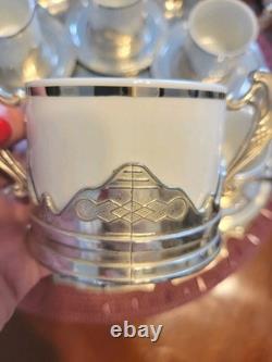 Ensemble de plateau à espresso pour 6 en porcelaine et argent vintage c1950