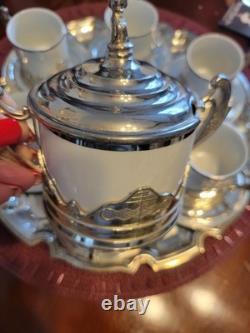 Ensemble de plateau à espresso pour 6 en porcelaine et argent vintage c1950