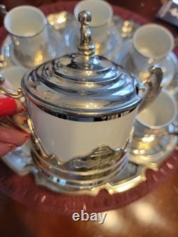 Ensemble de plateau à espresso pour 6 en porcelaine et argent vintage c1950