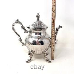 Ensemble de service à café et thé en argenté vintage de Kent Silversmith avec pot à café, crémier, sucrier et plateau.