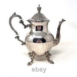 Ensemble de service à café et thé en argenté vintage de Kent Silversmith avec pot à café, crémier, sucrier et plateau.