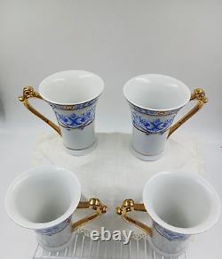 Ensemble de thé/ café en porcelaine fine Sorelle Vintage de 20 pièces, design floral bleu et or.