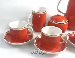 Ensemble de thé / café en porcelaine hongroise Hollohaza vintage pour 4 personnes orange-rouge