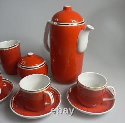 Ensemble de thé / café en porcelaine hongroise Hollohaza vintage pour 4 personnes orange-rouge