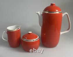 Ensemble de thé / café en porcelaine hongroise Hollohaza vintage pour 4 personnes orange-rouge