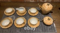 Ensemble de thé/café vintage WAWEL marbré orange/doré pour 5 personnes avec théière, crémier et sucre.