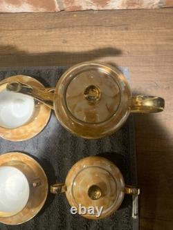 Ensemble de thé/café vintage WAWEL marbré orange/doré pour 5 personnes avec théière, crémier et sucre.