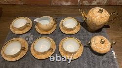 Ensemble de thé/café vintage WAWEL marbré orange/doré pour 5 personnes avec théière, crémier et sucre.