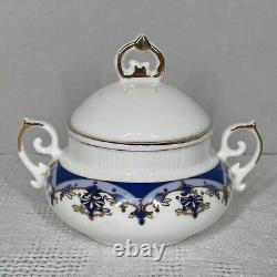 Ensemble de thé/café vintage de 15 pièces bleu or blanc avec pot, crème, sucre et 6 tasses et sous-tasses