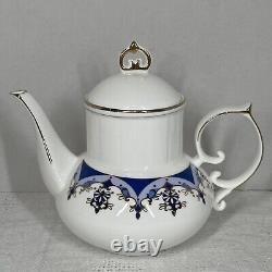 Ensemble de thé/café vintage de 15 pièces bleu or blanc avec pot, crème, sucre et 6 tasses et sous-tasses