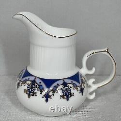 Ensemble de thé/café vintage de 15 pièces bleu or blanc avec pot, crème, sucre et 6 tasses et sous-tasses