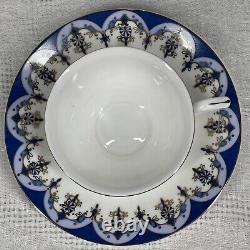 Ensemble de thé/café vintage de 15 pièces bleu or blanc avec pot, crème, sucre et 6 tasses et sous-tasses