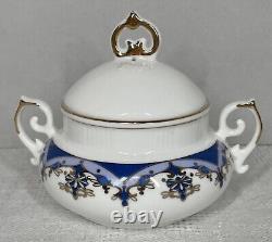 Ensemble de thé/café vintage de 15 pièces bleu or blanc avec pot, crème, sucre et 6 tasses et sous-tasses