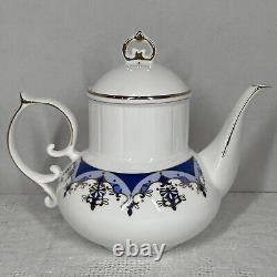 Ensemble de thé/café vintage de 15 pièces bleu or blanc avec pot, crème, sucre et 6 tasses et sous-tasses