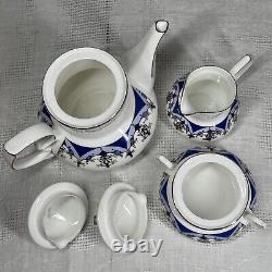 Ensemble de thé/café vintage de 15 pièces bleu or blanc avec pot, crème, sucre et 6 tasses et sous-tasses