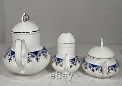 Ensemble de thé/café vintage de 15 pièces bleu or blanc avec pot, crème, sucre et 6 tasses et sous-tasses