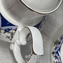 Ensemble de thé/café vintage de 15 pièces bleu or blanc avec pot, crème, sucre et 6 tasses et sous-tasses