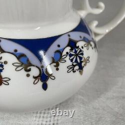 Ensemble de thé/café vintage de 15 pièces bleu or blanc avec pot, crème, sucre et 6 tasses et sous-tasses