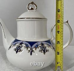 Ensemble de thé/café vintage de 15 pièces bleu or blanc avec pot, crème, sucre et 6 tasses et sous-tasses