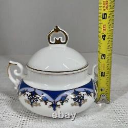 Ensemble de thé/café vintage de 15 pièces bleu or blanc avec pot, crème, sucre et 6 tasses et sous-tasses