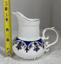 Ensemble de thé/café vintage de 15 pièces bleu or blanc avec pot, crème, sucre et 6 tasses et sous-tasses