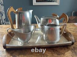 Ensemble de thé et café Picquot Ware en magnalium avec plateau vintage des années 1950