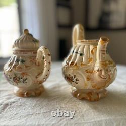 Ensemble de thé et café en majolique vintage du milieu du siècle, floral rose, Italie, Capodimonte, 14 pièces