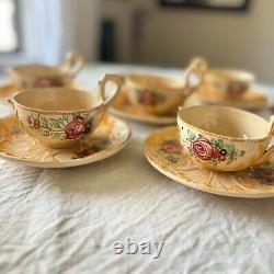 Ensemble de thé et café en majolique vintage du milieu du siècle, floral rose, Italie, Capodimonte, 14 pièces