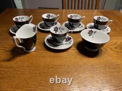 Ensemble de thé et café en porcelaine fine Royal Albert Masquerade vintage (bord argenté) 34 pièces