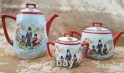 Ensemble de thé et café en porcelaine peinte à la main asiatique vintage Japon, ensemble de geishas de 21 pièces