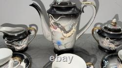 Ensemble de thé et café en porcelaine vintage Black Dragon, peint à la main, Japon, 15 pièces