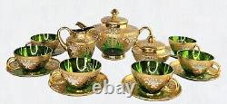 Ensemble de thé et café en verre vert Trefuochi Murano vénitien vintage avec 24 carats d'or, 17 pièces