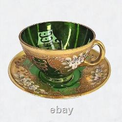 Ensemble de thé et café en verre vert Trefuochi Murano vénitien vintage avec 24 carats d'or, 17 pièces