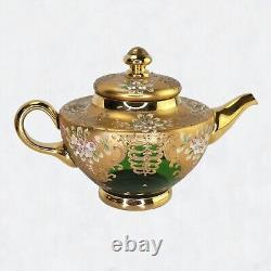Ensemble de thé et café en verre vert Trefuochi Murano vénitien vintage avec 24 carats d'or, 17 pièces