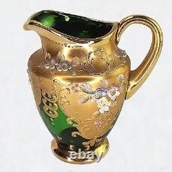 Ensemble de thé et café en verre vert Trefuochi Murano vénitien vintage avec 24 carats d'or, 17 pièces