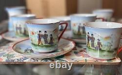 Ensemble de thé et café japonais vintage des années 1920. 6 tasses à thé, 5 soucoupes, 6 assiettes d'accompagnement, etc.