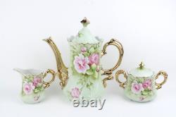 Ensemble de thé et café vintage Lefton peint à la main en vert menthe héritage avec fleurs roses.