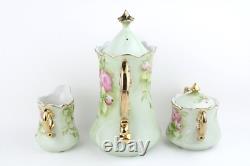 Ensemble de thé et café vintage Lefton peint à la main en vert menthe héritage avec fleurs roses.